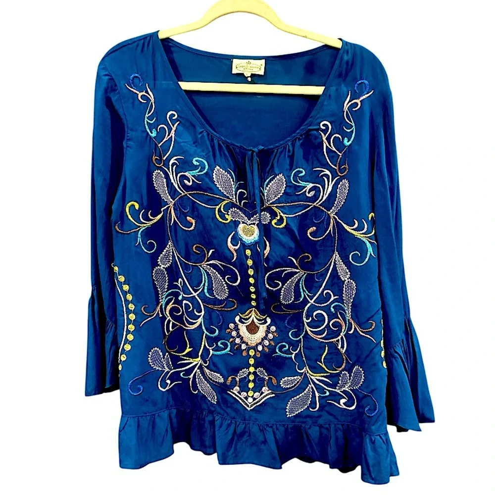 Grand & Greene Navy Blue Embroidered Ruffle Top Size Large